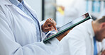 Scientist, hands and tablet in laboratory for development, medical research or innovation. Science, technology and woman with experiment report, pharmaceutical review or study with test feedback