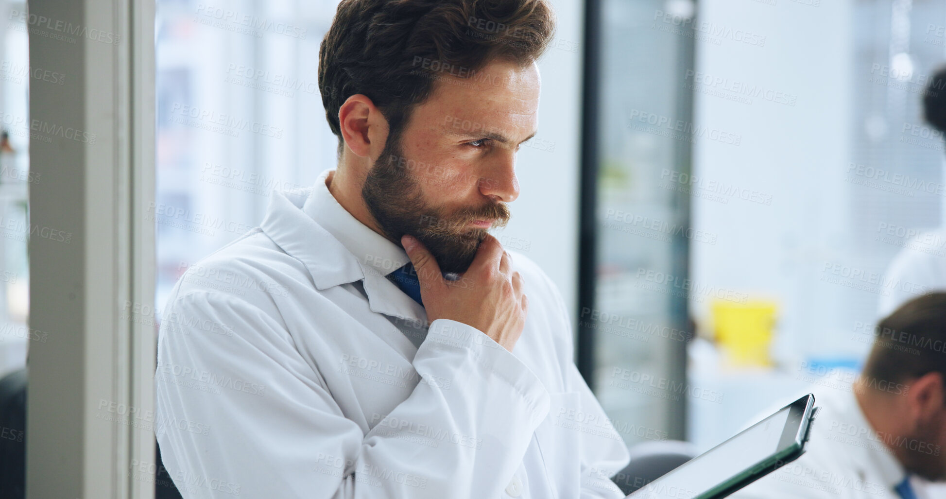 Buy stock photo Scientist, think and man with tablet in laboratory for development, medical research and decision. Science, technology and serious person planning experiment, vision and problem solving with idea