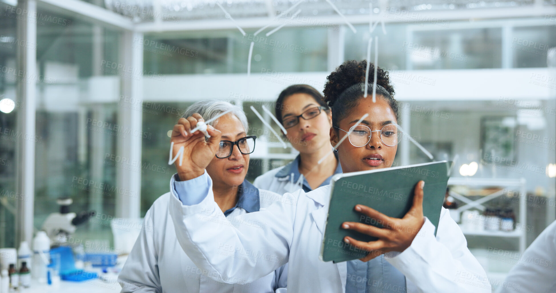 Buy stock photo Science, glass wall and women in lab with tablet, collaboration and notes for genetic study. Medical, team and researcher in clinic with writing board, problem solving and analysis of dna formula.