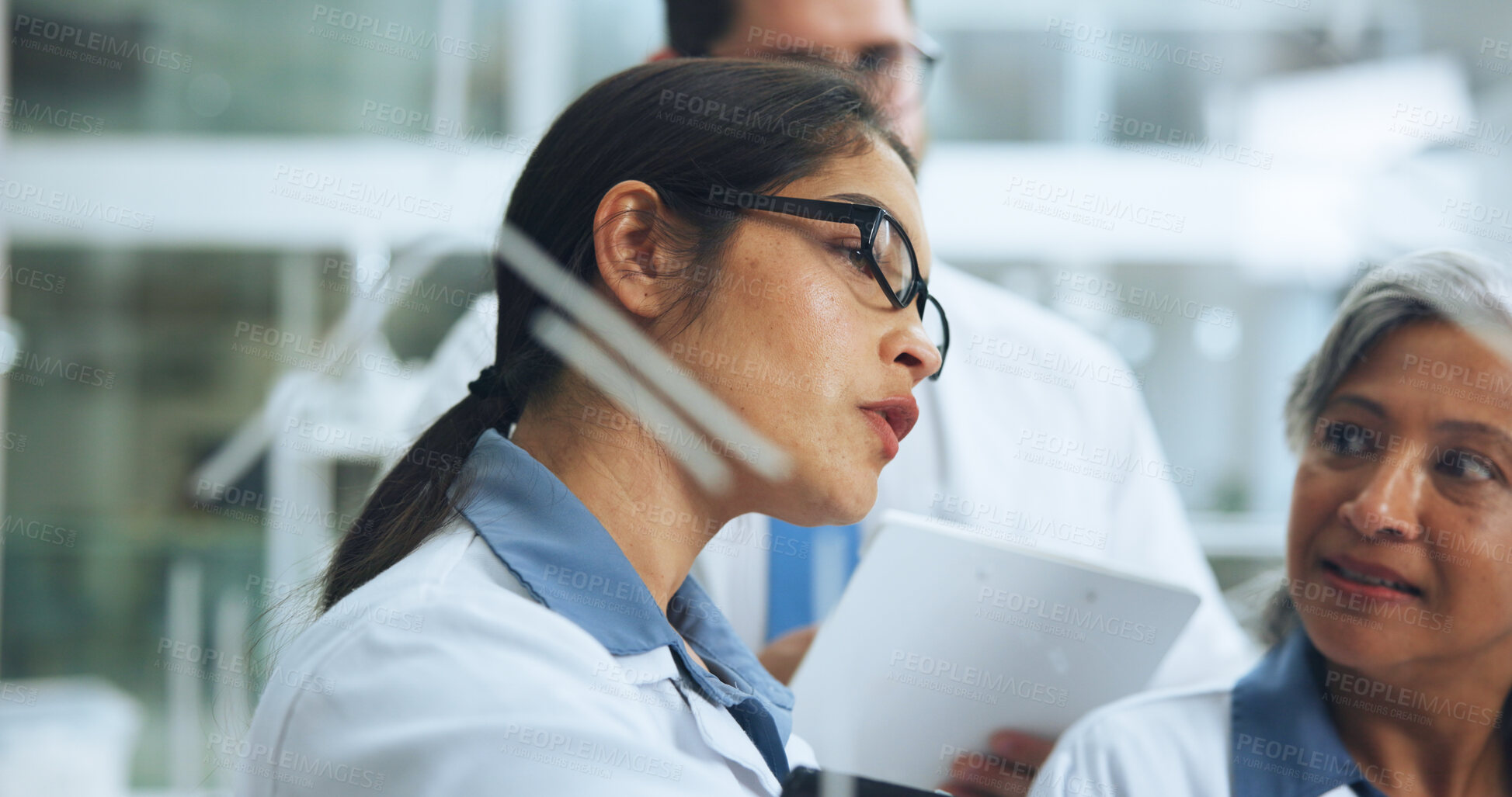 Buy stock photo Teaching, formula and team with woman in lab for chemical structure, medical drug trail and research. Brainstorming, vaccine molecule and amino acids equation with scientists with glass board