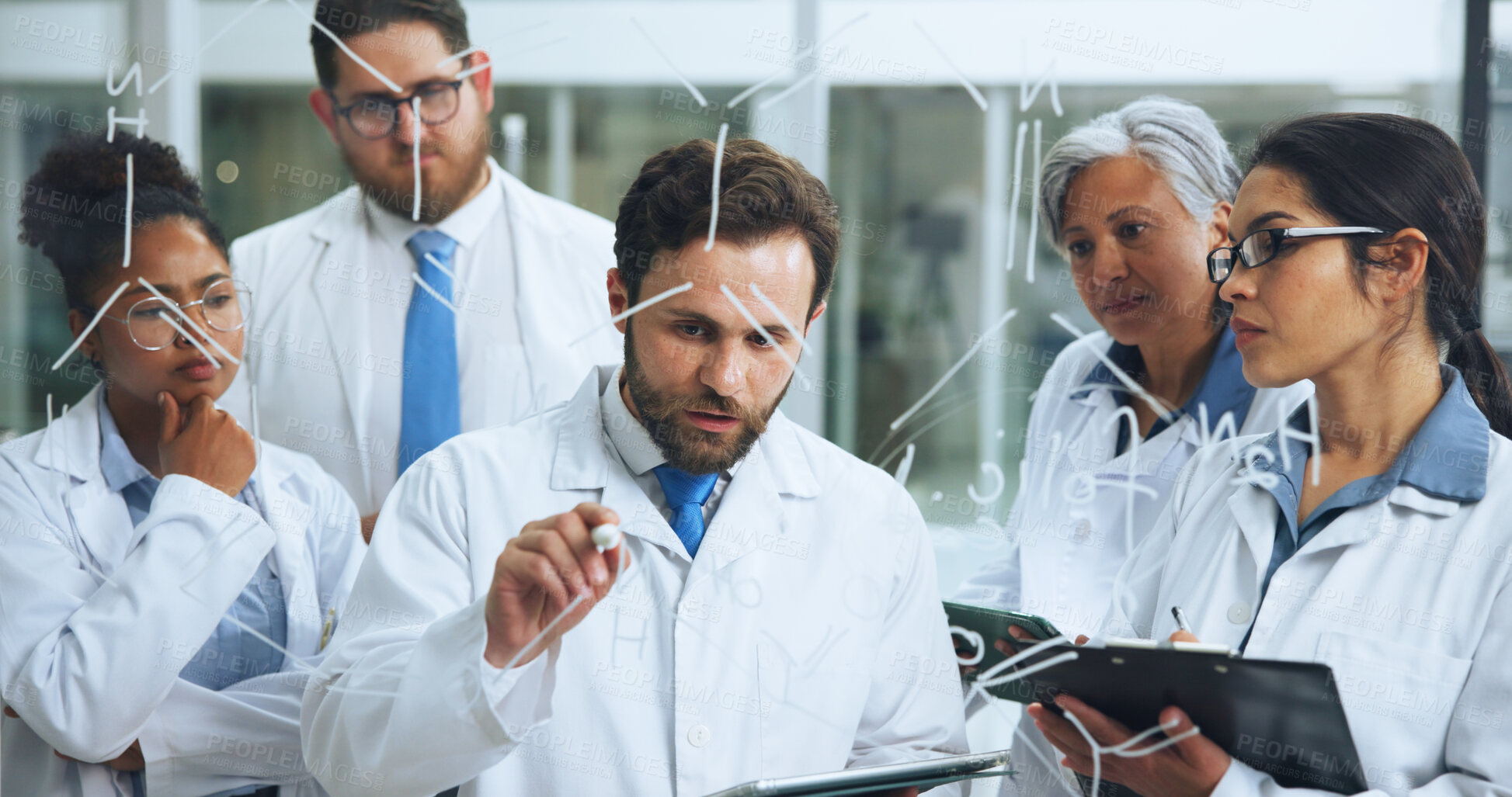 Buy stock photo Glass wall, medical research and man with tablet, science and DNA experiment with digital report. Person, employees or scientist in lab, solution or brainstorming equation with sample analysis or app
