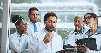 Buy stock photo Glass wall, medical research and people with tablet, science and chemistry experiment with formula. App, employees or scientist in lab, biotech and solution with sample analysis, DNA test or teamwork