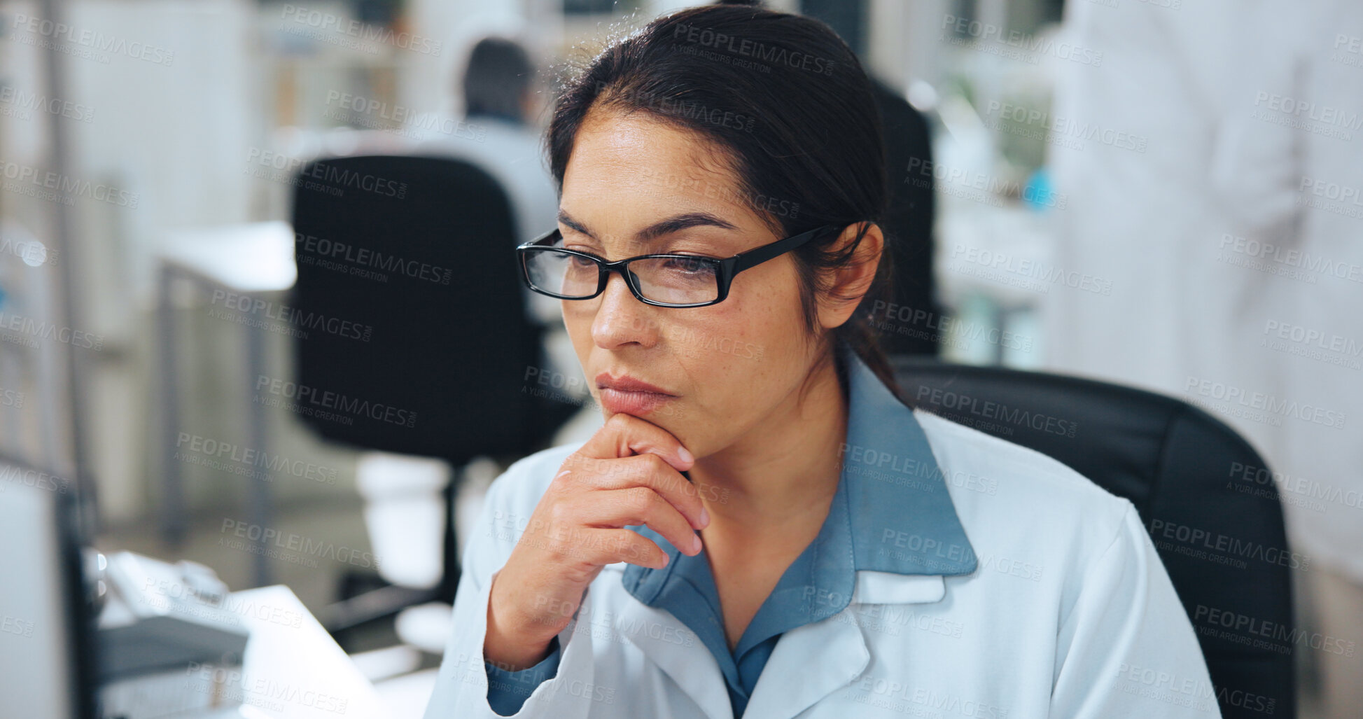 Buy stock photo Thinking, woman and scientist in laboratory with research for medical study, discovery or solution. Ideas, problem solving and biologist with science project for healthcare innovation with analysis.