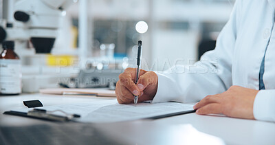 Buy stock photo Hands, science and writing with person in laboratory for medical development or research results. Clipboard, notes and paperwork with scientist at work on clinic trial, experiment or investigation