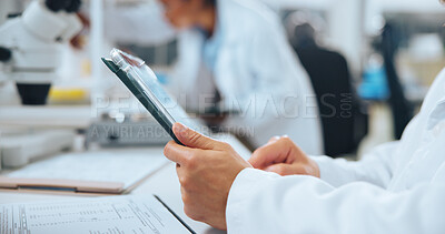 Buy stock photo Person, hands or research with tablet in laboratory for medical analysis, news or breakthrough. Employee, scientist or scrolling with technology, documents or healthcare study for cure or development
