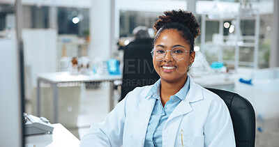 Buy stock photo Portrait, woman and scientist with computer in lab for career pride, about us and medical experiment. Happy, person or ambition for healthcare study, pharmaceutical innovation and vaccine development