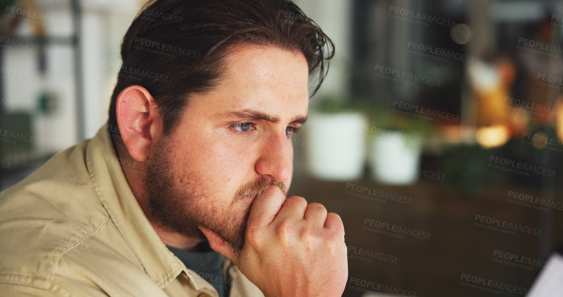 Buy stock photo Media agency, thinking and man in office, night and planning with contemplation, calm or decision. Evening, person or magazine editor in workplace, choice or thoughts with solution or problem solving