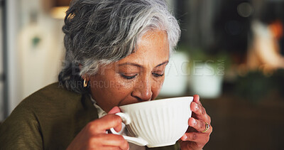 Buy stock photo Coffee, drinking and businesswoman in office with relax, calm or break from creative project. Ideas, cappuccino and mature female magazine editor with mug for warm beverage with peace in workplace.