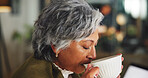 Coffee, drinking and mature businesswoman in office in morning for calm, relax or energy at company. Corporate, cappuccino and female person with mug for warm beverage with peace in workplace.
