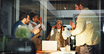 Promotion, applause and business people in meeting with success, winning or finance deal at night. Teamwork, clapping hands and group with laptop for celebration, achievement or financial funding