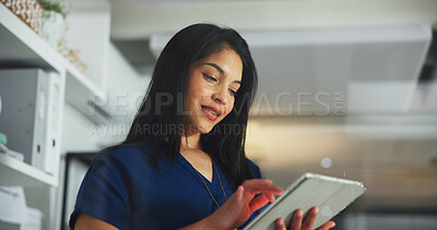 Buy stock photo Tablet, scroll and reading with business woman in office for marketing campaign, night and news vision. Digital branding, online and research with employee in media agency for article deadline