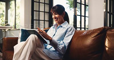 Buy stock photo Tablet, smile and woman in home for remote work, article and good news for newsletter. Technology, mature copywriter and happy freelancer in living room for story update, review and reading email