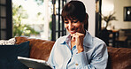 Tablet, thinking and happy woman in home for remote work, article idea or inspiration for newsletter. Technology, mature copywriter and freelancer in living room for planning story and reading email