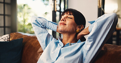 Buy stock photo Smile, stretching and woman with relax on sofa for weekend break, peaceful morning and mindfulness. Calm, mature person and happy with resting in home for stress relief, daydreaming and comfortable
