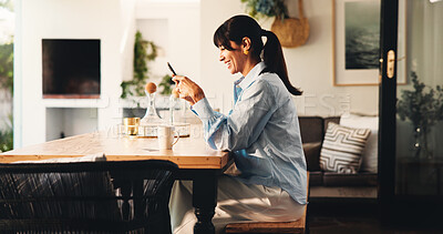 Buy stock photo Smile, woman and reading with phone at house for research, social media and download ebook. Mature person, coffee and mobile app for browsing internet, morning news and online novel for entertainment