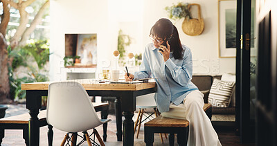 Buy stock photo Woman, phone call and writing in notebook in home for venue booking, date schedule and remote work. Freelancer, event planner and contact client on patio for vendor negotiation and planning process