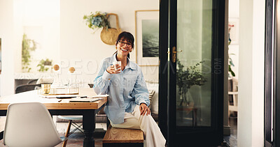 Buy stock photo Portrait, writer and woman with coffee, home and happy on break, remote work and creative for story. Confident, author or mature person with caffeine boost for freelance project, smile and tea in USA