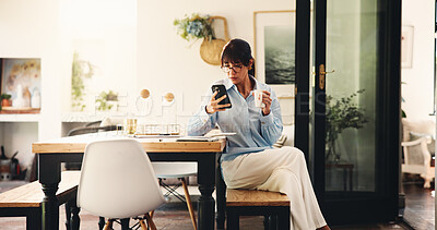 Buy stock photo Woman, coffee and reading with phone at house for research, social media and download ebook. Mature person, relax and mobile app for browsing internet, morning news and online novel for entertainment