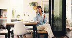 Remote work, phone call and woman with conversation for schedule, networking and news source research. Freelancer, journalist and planning in home for article questions, information and communication
