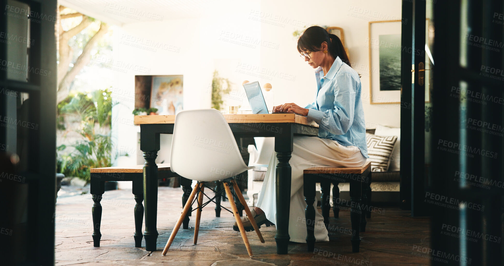 Buy stock photo Remote work, laptop and woman with typing for research, networking and news source schedule. Freelancer, journalist and planning in home for article questions, information and feedback for website