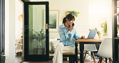 Buy stock photo Remote work, phone call and woman with laptop for research, networking and news source schedule. Freelancer, journalist and planning in home for article questions, information or feedback for website