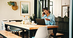 Remote work, phone call and woman with laptop for smile, networking and news source research. Freelancer, journalist and planning in home for article questions, information or feedback for website