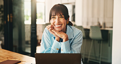 Buy stock photo Laptop, thinking and happy woman in home office for remote work, idea or ebook inspiration. Computer, freelancer and mature author planning story, manuscript solution and vision for publication