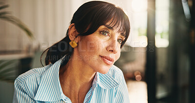 Buy stock photo Daydreaming, ideas and woman with smile, home and inspiration for article, remote work and creative. Thinking, journalist and mature person with freelance project, planning and reflection in house