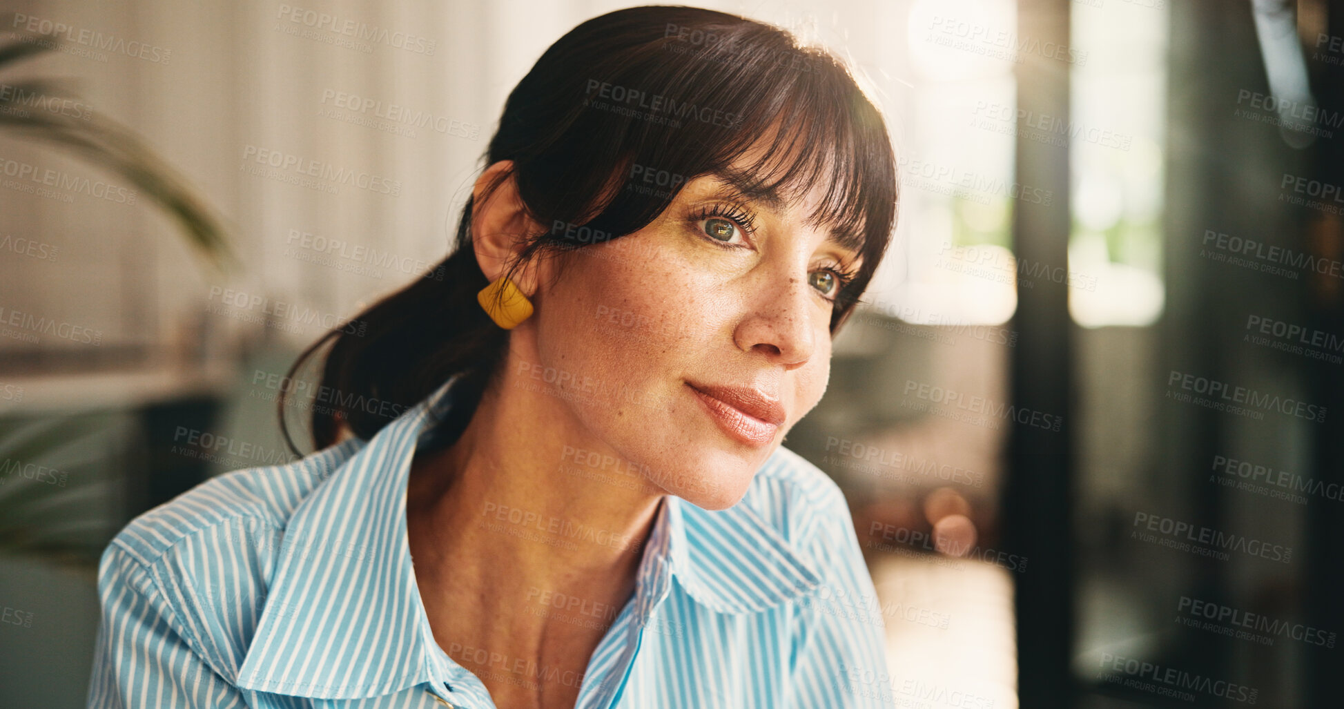 Buy stock photo Daydreaming, ideas and woman with smile, home and inspiration for article, remote work and creative. Thinking, journalist and mature person with freelance project, planning and reflection in house