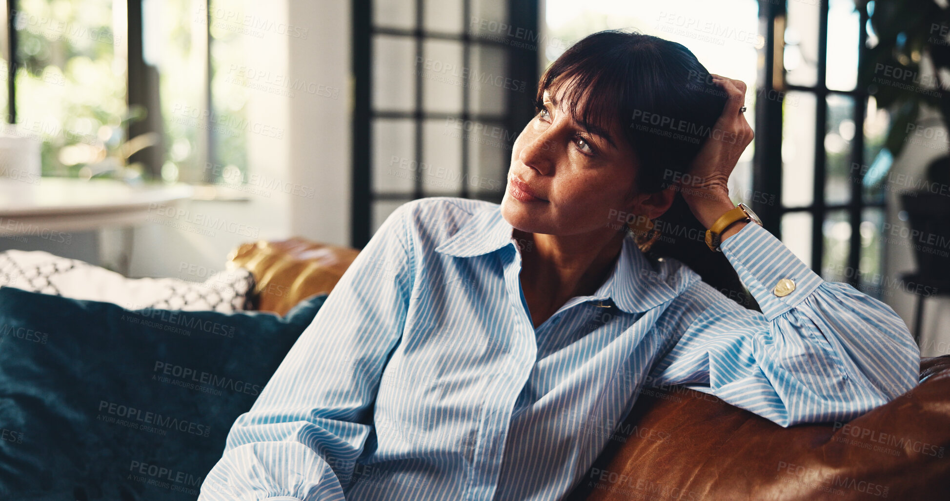 Buy stock photo Woman, reflection and nostalgia on couch with memories, contemplation or daydreaming about past. Thoughtful, mature person or thinking on sofa for peaceful moment, relax or chill in home living room.