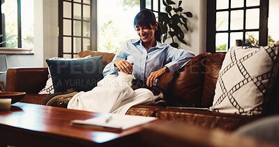 Buy stock photo Relax, smile or woman on sofa with cat, fur rub or animal bonding on weekend break. Comfort, companionship or mature person in house with happiness, kitten best friend or pet affection on Sunday rest