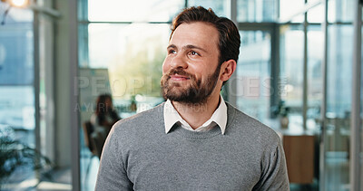 Buy stock photo Thinking, smile and business man in office for planning, reflection and brainstorming. Happy, insight and problem solving solution with male person in agency for perspective, vision and memory