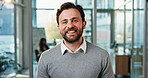 Smile, professional and portrait of business man in office for about us, confidence and brand manager. Happiness, pride and campaign opportunity with person in marketing agency for creative startup