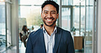 Pride, professional and portrait of business man in office for about us, confidence and brand manager. Happiness, smile and campaign opportunity with person in marketing agency for creative startup