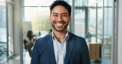 Buy stock photo Pride, professional and portrait of business man in office for about us, confidence and brand manager. Happiness, smile and campaign opportunity with person in marketing agency for creative startup