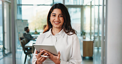 Buy stock photo Portrait, happy woman and tablet in office with pride for web design, career development and growth. Digital designer, female person or tech with smile for creative idea, job opportunity or about us.
