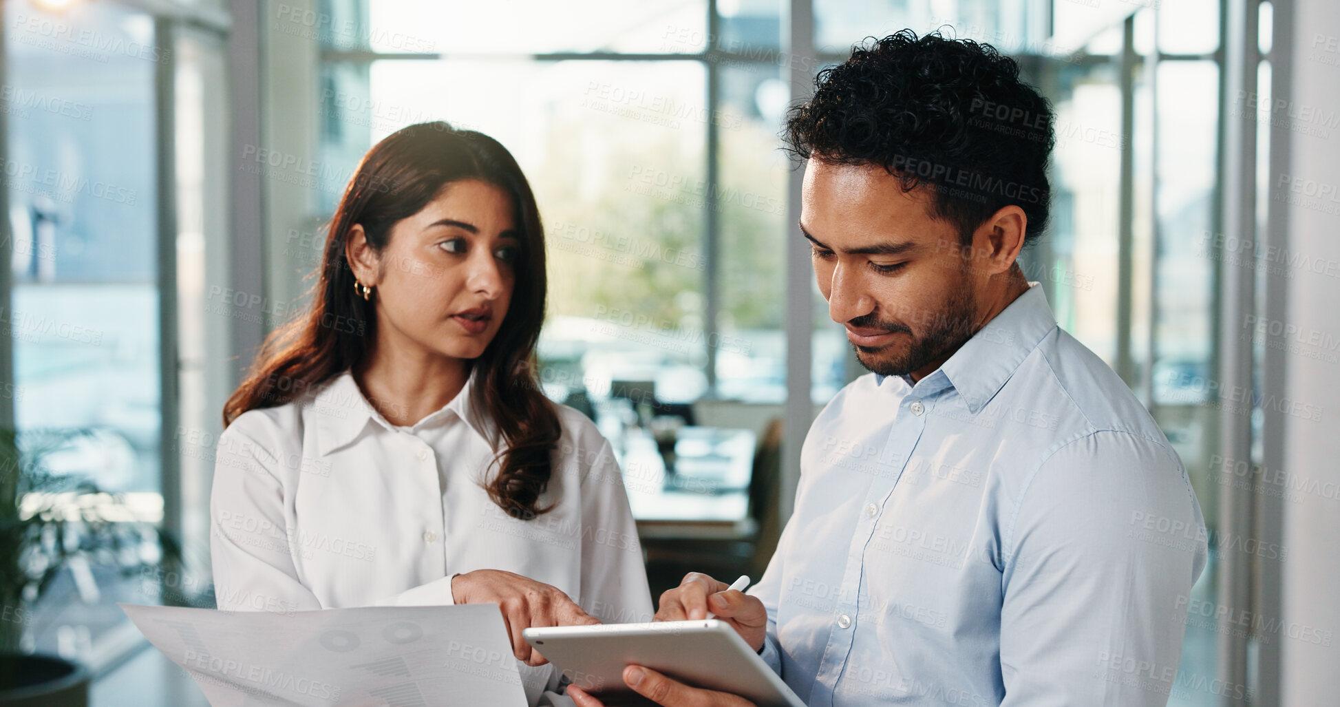 Buy stock photo Business people, documents and discussion with tablet in office for corporate proposal or research. Businessman, woman or colleagues with paper or technology for analytics or performance review