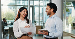 Documents, tablet and business people in office for finance review, discussion and budget planning. Laugh, corporate team and woman with man on digital tech, paperwork and online for financial report