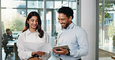 Buy stock photo Review, graphs or people in office with paper, investment opportunity or collaboration in progress report. Happy, team or analyst in agency with tablet, discussion or revenue growth in budget update.