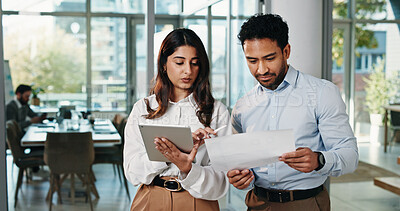 Buy stock photo Corporate, people and document with tablet in office for planning, finance report and budget review. Team, talk and digital with financial paperwork, payroll procedure or feedback of investment offer