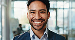 Happy, professional and portrait of businessman in office with confidence, pride and smile for finance job. Corporate, career growth and face of worker for about us, financial consultant and ambition