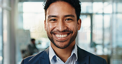 Buy stock photo Happy, professional and portrait of businessman in office with confidence, pride and smile for finance job. Corporate, career growth and face of worker for about us, financial consultant and ambition