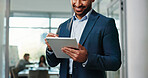 Businessman, hands and tablet with styllus for project review, insurance budget or wealth proposal. Monitor market trend, investment strategy or manager check plan with tech, risk report or coworking