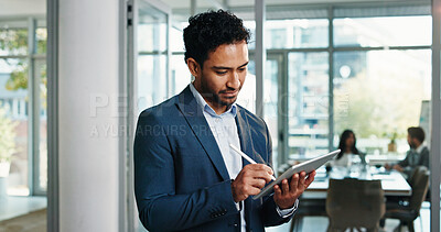 Buy stock photo Reading, business man and writing on tablet for internal credit approval, loan agreement and sign. People, budget analyst or stylus with digital signature in office for investment contract or consent