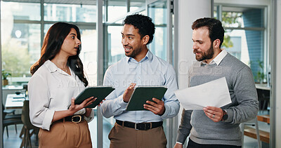 Buy stock photo Group, people and document with tablet in office for planning, finance report and budget review. Team, talking and digital with financial paperwork, payroll procedure and feedback of investment offer