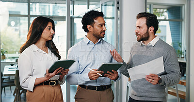 Buy stock photo Meeting, tablet and business people in office for finance review, discussion and budget planning. Talking, corporate team and woman with men on digital tech, documents and online for financial report
