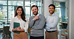 Team, portrait and happy business people in office, about us or solidarity with insurance broker. Group, smile or staff in company with collaboration, our vision or confidence with claims consultants