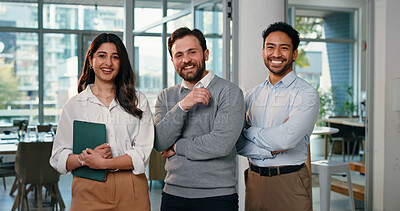 Buy stock photo Team, portrait and happy business people in office, about us or solidarity with insurance broker. Group, smile or staff in company with collaboration, our vision or confidence with claims consultants