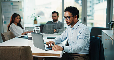 Buy stock photo Typing, laptop and research with business man in office for assets, account report and planning. Portfolio manager, broker review and online with person in agency for risk assessment and reading