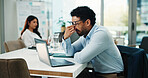 Businessman, glasses or headache in office with laptop for coworking, financial issue or investment fail. Migraine, person or computer with liquidation problem, bankruptcy notice or company debt risk